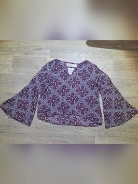 H&M Sheer Patterned V-Neck With Long Bell Sleeves Top